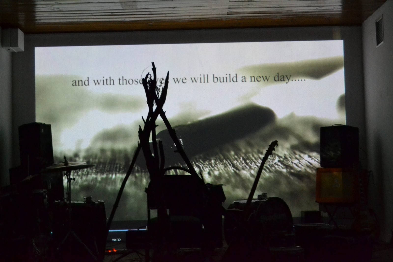 Morning Pages' live performance set-up of instruments and internally produced projected video at 'Untrammelled' exhibition at Gallery of the University of Stellenbosch (GUS). Image by Caitlin Mkhasibe